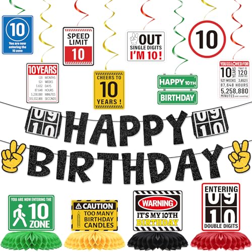 Image of 10th Birthday Decorations for Boys Girl, 14PCS 10 Year Old Happy Bday Banners with Hanging Swirls Party Decoration out Single Digits I'm 10 Honeycomb Centerpiece Decor