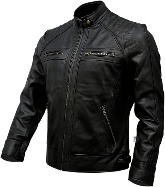 Image of Men's Leather Jacket Cafe Racer Biker Style Retro Stripes Jacket, Motorcycle Racing Leather Jacket Men