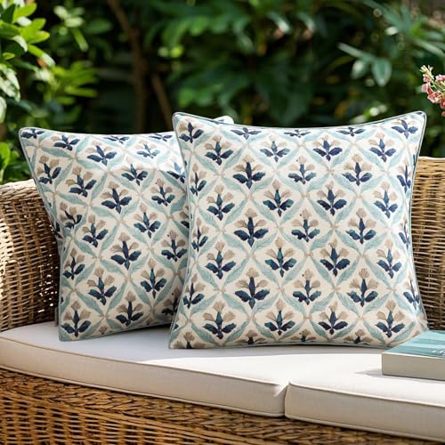 Image of MIULEE Floral Decorative Pillow Covers Set of 2,Block Print Throw Pillowcases Outdoor Boho Farmhouse Vintage Coastal Summer Accent Cushion Covers for Couch paito Garden Sofa Bed 18x18 Inch, Blue Grey