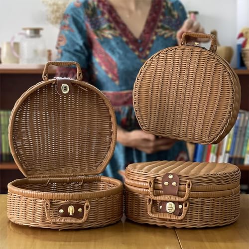 Rattan Korb Tasche, Vintage Handkoffer mit Tragegriff Picknickkorb mit Schloss Gewebter Aufbewahrungskorb Geschenkboxen Körbe Für Kleidung, Decken, Handtücher, Spielzeug. (S)