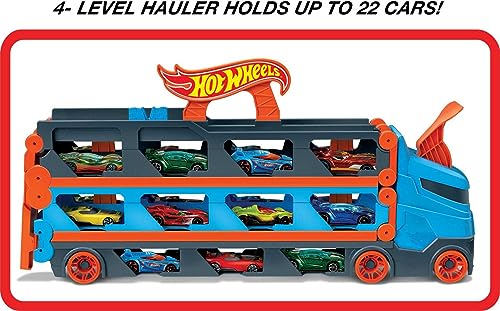 Hot Wheels City Speedway Hauler, Toy Car Storage with 2 Metre Racetrack and Dual Launcher, 4 Level Hauler Stores 22 Toy Cars, Includes 3 Toy Cars, Toys for Ages 4 to 8, HGH33 - Image 5