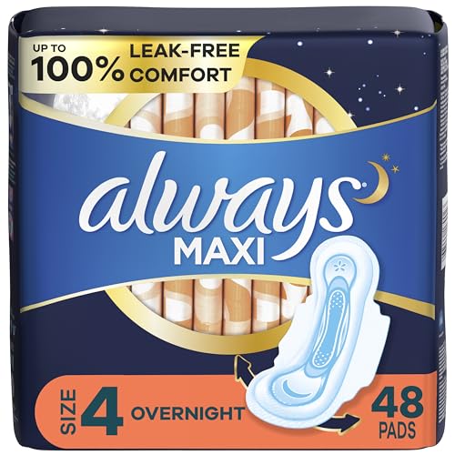 Always Maxi Size 4 Overnight Feminine Pads with Wings, Unscented, 48 Count (Packaging May Vary)