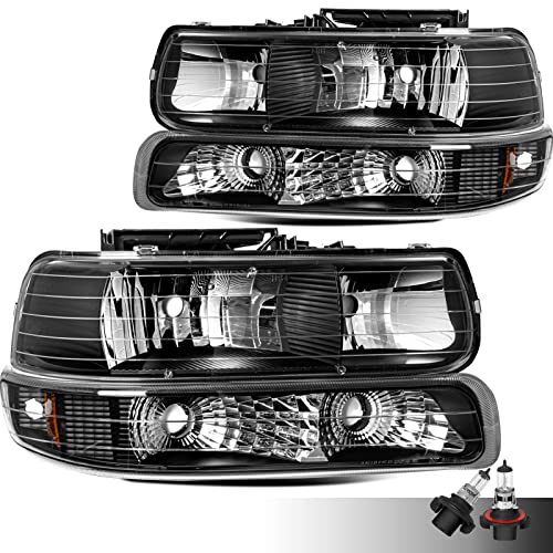 BRYGHT Headlight Assembly with Bulbs for 1999-2002 Chevy Silverado / 2000-2006 Chevy Tahoe Suburban Headlamp Replacement Passenger & Driver Side with Bumper Lights 4pcs, Black Housing Amber Reflector