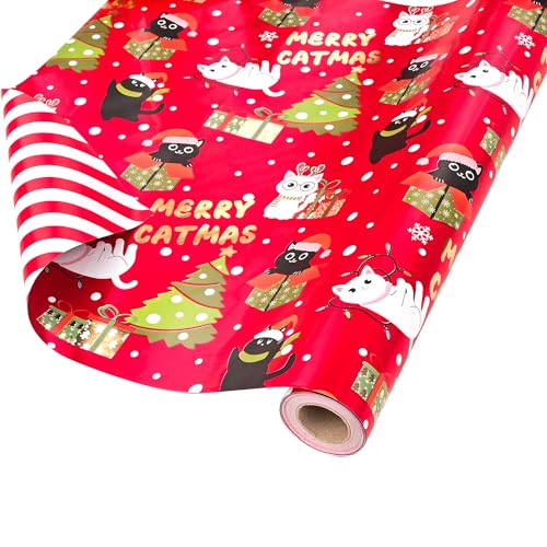 Dlyrroba Reversible Christmas Wrapping Paper Roll - Metallic Foil Gift Wrap and Stripe Cute Xmas Design for Kids Girls Holiday Winter Celebration (Cat Christmas - Red 17 In X 16.5 Feet)
