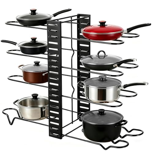 Sibosen 8-Tier Adjustable Pots and Pans Organiser with 3 DIY Methods for Kitchen Storage: Detachable Lid Holder for Large Stockpots & Baking Trays