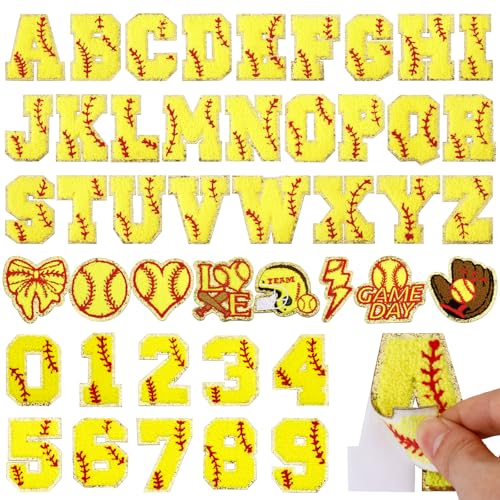 44 Pcs Softball Patches Self Adhesive Chenille Letter Patches Embroidered Game Day Sports Patch Includes 26 A-Z Softball Letters 10 Number Patch 8 Helmet Glove Bowknot Stickers for Backpacks