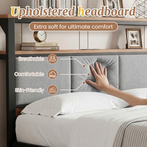 Luviyoo Upholstered Queen Bed Frame with 2-Tier Storage Headboard, Metal Platform Bed with Charging Station, Queen Size Bed Frame with 2 Under Bed Storage Drawers, No Box Spring Needed, Noise-Free — view 6