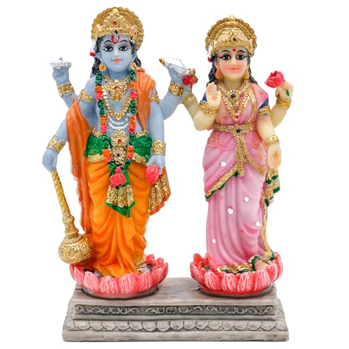 alikiki Vishnu Lakshmi Narayana Statue – 4.7 Inch Lord Vishnu W/Laxmi MATA Indian Diwali Pooja Item Murti Gifts for Indian Couple Friend Family Home Office Mandir Temple Puja Decor