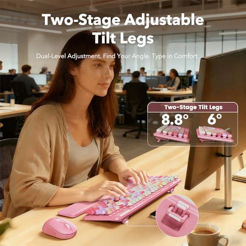 Image of Wireless Keyboard and Mouse Combo, Cute Retro Typewriter Keyboard with Round Keycaps, Full-Size Aesthetic Keyboard with Magnetic Wrist Rest, 2.4GHz USB for Windows /Mac Desktop Laptop(Pink Multi-Color)