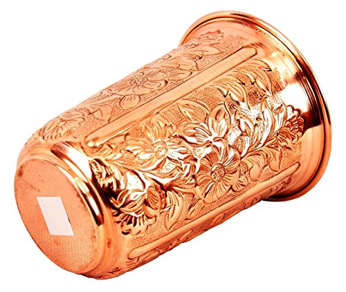 Indian Art Villa Handmade Pure Copper Designer Glass Cup 11 OZ - Serving Water Kitchen Home Hotel Restaurant Hotel Gift Item