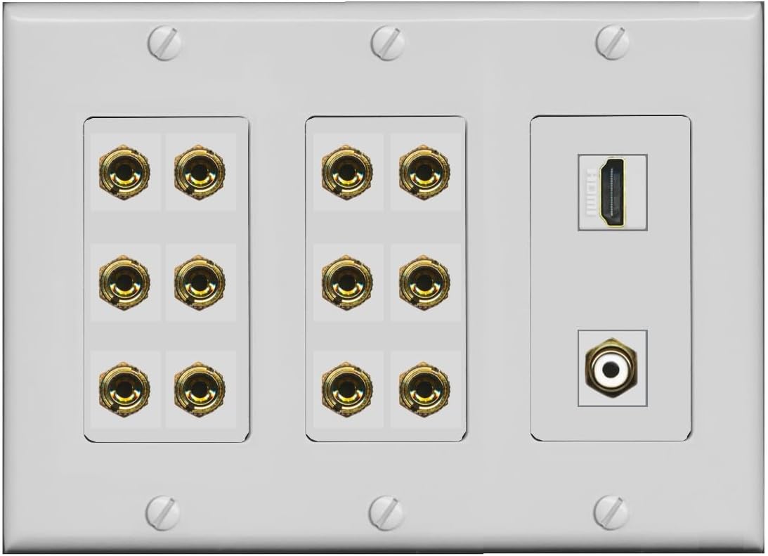 RiteAV 6.1 Surround Sound 6 Speaker 12 Banana Wall Plate with HDMI and RCA Female to Female Connectors - 3 Gang [White]
