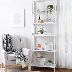 Amazon Basics 5 Shelf Sturdy Rubberwood Ladder Bookshelf for Book Storage, White, 15.03" D x 25.98" W x 74.48" H Amazon Basics 5 Shelf Sturdy Rubberwood Ladder Bookshelf for Book Storage White 1503 D x 2598 W x 7448 H