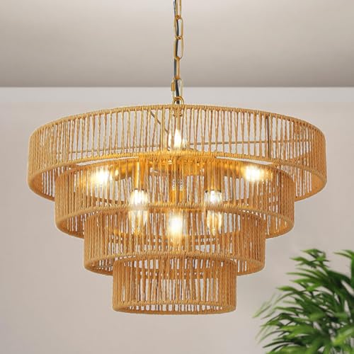 Cuaulans 20”Boho Large Rattan Pendant Light Fixture, 4 Round Farmhouse Rustic Chandeliers, 6-Lights Hand Woven Wicker Hanging Chandelier for Bedroom, Kitchen Island, Living Room, Foyer, Hallway by Cuaulans - Used condition - US$41.11