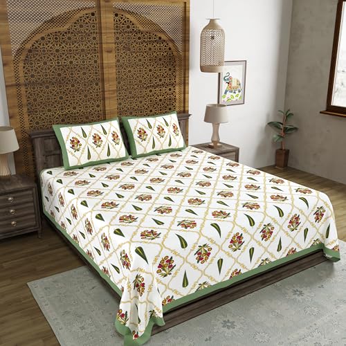 Image of BLOCKS OF INDIA Hand Block Printed 200 TC Cotton King Size Bedsheet | Green Patti