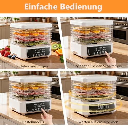 Dörrgerät, Multifunktionaler Obsttrockner mit 5 Fächern, 72-Stunden-Timer Obsttrockner mit LED-Anzeige, Lebensmitteltrockner für Fleisch, Fisch, Gemüse