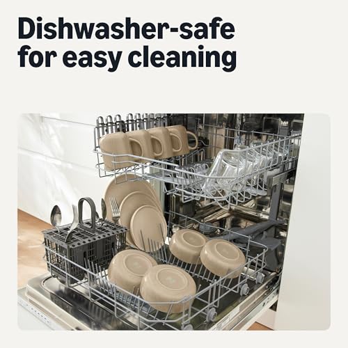 Image of Amazon Basics Glazed Stoneware Dinner Plates, Ceramic 4-Piece Set, Microwave, Dishwasher and Freezer-Safe, Modern Design, 10.5 in., Linen Gray
