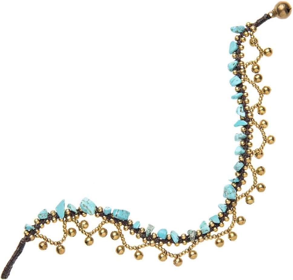 81stgeneration Women's Brass Gold Tone Simulated Turquoise Bell Bead Ankle Anklet Bracelet, 27 cm
