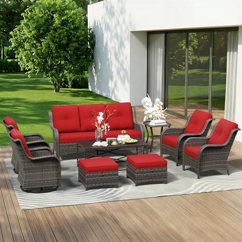 Image of 9 Piece Outdoor Wicker Patio Furniture Set, Patio Chairs Set with Thickened Olefin Cushions, High Back and Deep Seating, Hand-Woven PE Rattan, Ottoman for Porch, Deck