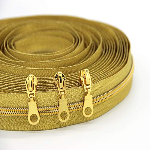Liphontcta #5 Gold Metallic Nylon Coil Zippers By The Yard Bulk 5 Yards With 10Pcs Sliders For Diy Sewing Tailor Craft Bag(Champagne Gold) #TOP2