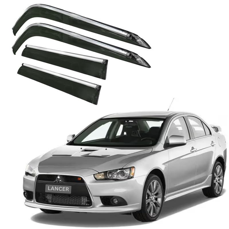 Image of CAR SAAZ Side Door Visors for Lancer (2004-2013)(Set of 4 Pcs)|Chrome Lined Rain Guards, Polycarbonate, Smoke Finish