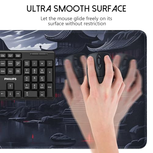 Image of Black Mouse Pad Gaming Keyboard Pad 35.4 x 15.7 in Computer Mouse Pad Anime Gaming Mousepad, Expanded Architecture Cool Desk Pad, Japanese Red Moon Large MousePads Suitable for Home Office