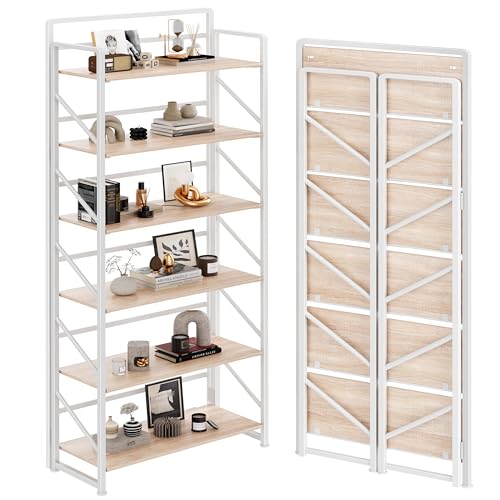 Image of JSB No Assembly Folding Bookshelf, 6 Tier Industrial Metal Book Shelf for Storage, Vintage Wood Foldable Bookcase for Living Room, Bedroom, Office Organization Shelves