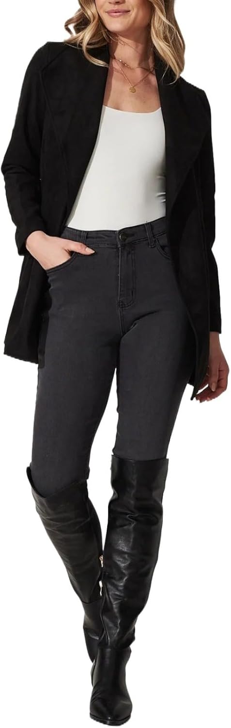 KIRYU Women's Faux Suede Belted Blazer Shawl Collar Open Front Wrap Coat Chic Mid-Length Outerwear Dressy Casual Jacket