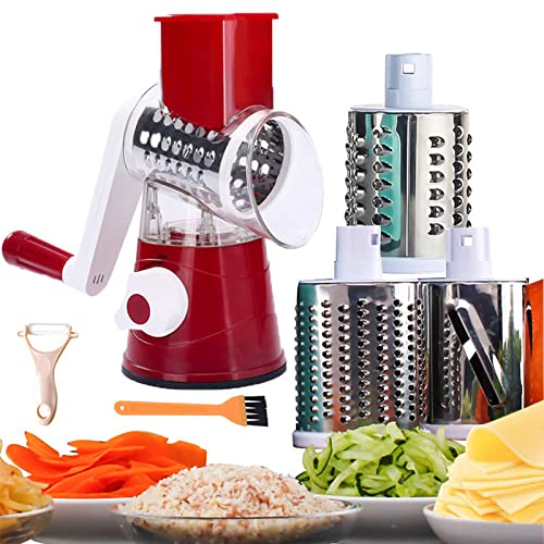 Rotary Cheese Grater Grinder Vegetable Shredder 3-in-1 Vegetable Slicer Shredder for Cheese Potato Onion Cucumber Carrot Red