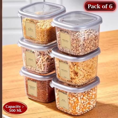 Image of Modular Plastic Storage Container With Airtight Lid | BPA-Free Plastic | Pantry & Home Organization | Multi-Purpose Storage | Pack Of 6, 500 ml