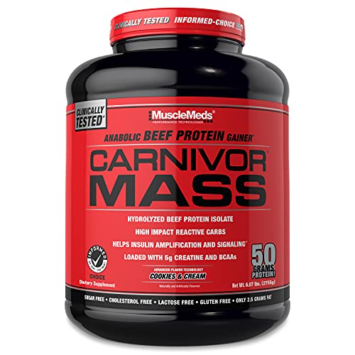 MuscleMeds Carnivor Mass Gainer Beef Protein Isolate Shake, 50 Grams Protein, 125 Grams Carbs, 0 Fat, 0 Sugar, Lactose Free, Cookies & Cream