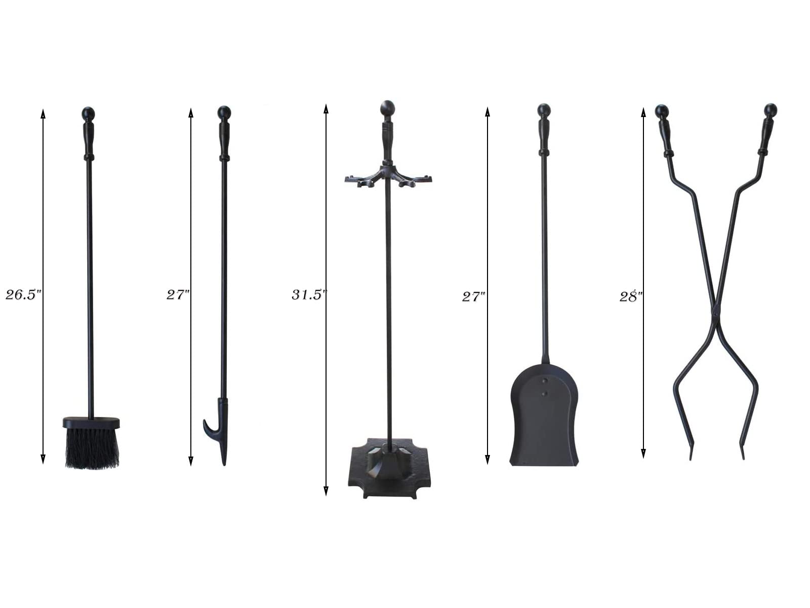 Juego de herramientas de chimenea de hierro forjado negro, 5 piezas, para estufa de leña, pinzas de tronco, accesorios de chimenea de alta resistencia 7