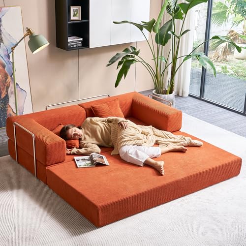 Image of Compression Sofa - Convertible Floor Sofa Bed - with Pillow Back Support Armrest - Comfy Foldable Sofa Bed Compressed Sofa in Box - Corduroy Fabric - for Living Room Bedroom(Orange)