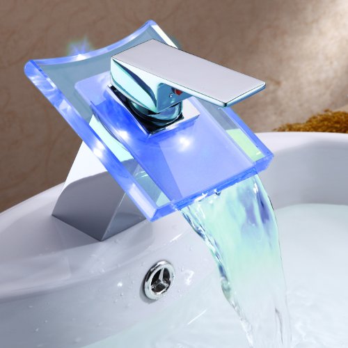 Deck Mount Modern Single Handle Widespread Waterfall Bathroom Vessel Sink LED Faucet Chrome Bath Tub Mixer