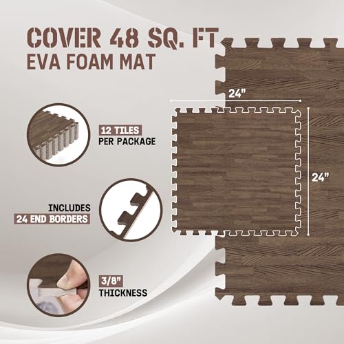 Image of Yes4All EVA Interlocking Mats, Puzzle Floor Tiles, Foam Floor Padding with Border for Furniture, Home Space, Living Room, Garage