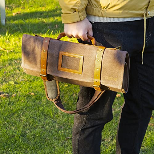 Deqis Knife Roll Chef Waxed Canvas Bag Storage 13 Slots And 1 Large Zipper Pocket Carry Shoulder Strap Handle And Name Card Professional Folding Cooking Tools Case Organizer,Knives Not Included,Brown #TOP7
