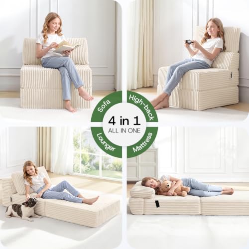 Image of Convertible 4-in-1 Folding Sofa Bed Boneless Sleeper Chair Couch Foldable Chaise Lounger & Mattress Pocket Coils+Foam Fill Medium Support, No Assembly for Living Room /Bedroom, Single XL Beige