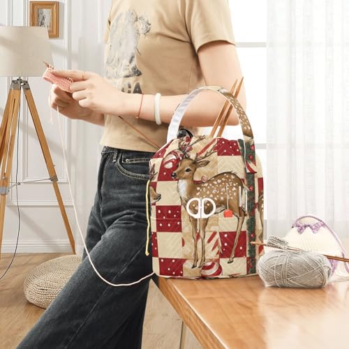 Image of Tatenale Crochet Bag Yarn Bag Knitting Project Bag with Pockets and Handle Portable Yarn Storage Organizer Tangle Free 8.3x11 InchChristmas Deers Checkered Red Candy Canes41