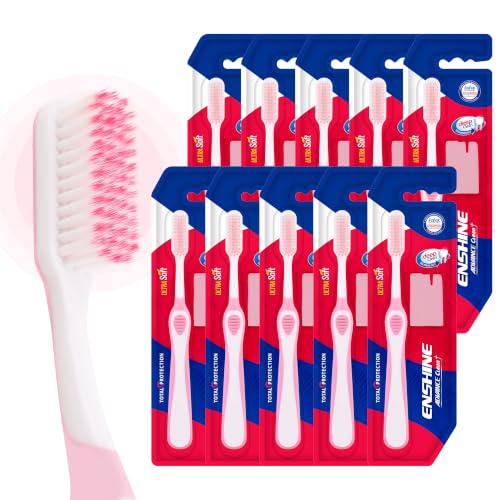 Image of Enshine Advance Clean+ Soft Toothbrush for Adults - Pack of 10 | Ultra Soft Tapered PBT Bristles | Tooth Brush Set with Non-Slip Grip | Manual Toothbrushes for Sensitive Gums & Enamel | Color Pink
