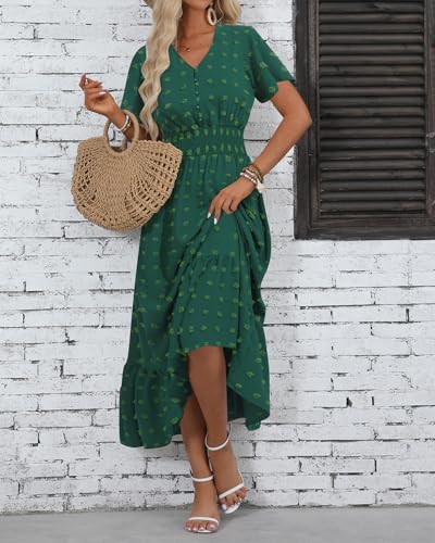 Image of Women Maxi Dresses Boho V Neck Swiss Dot Ruffle Summer Short Sleeve High Waist Tiered Flowy Smocked Cocktail Dresses