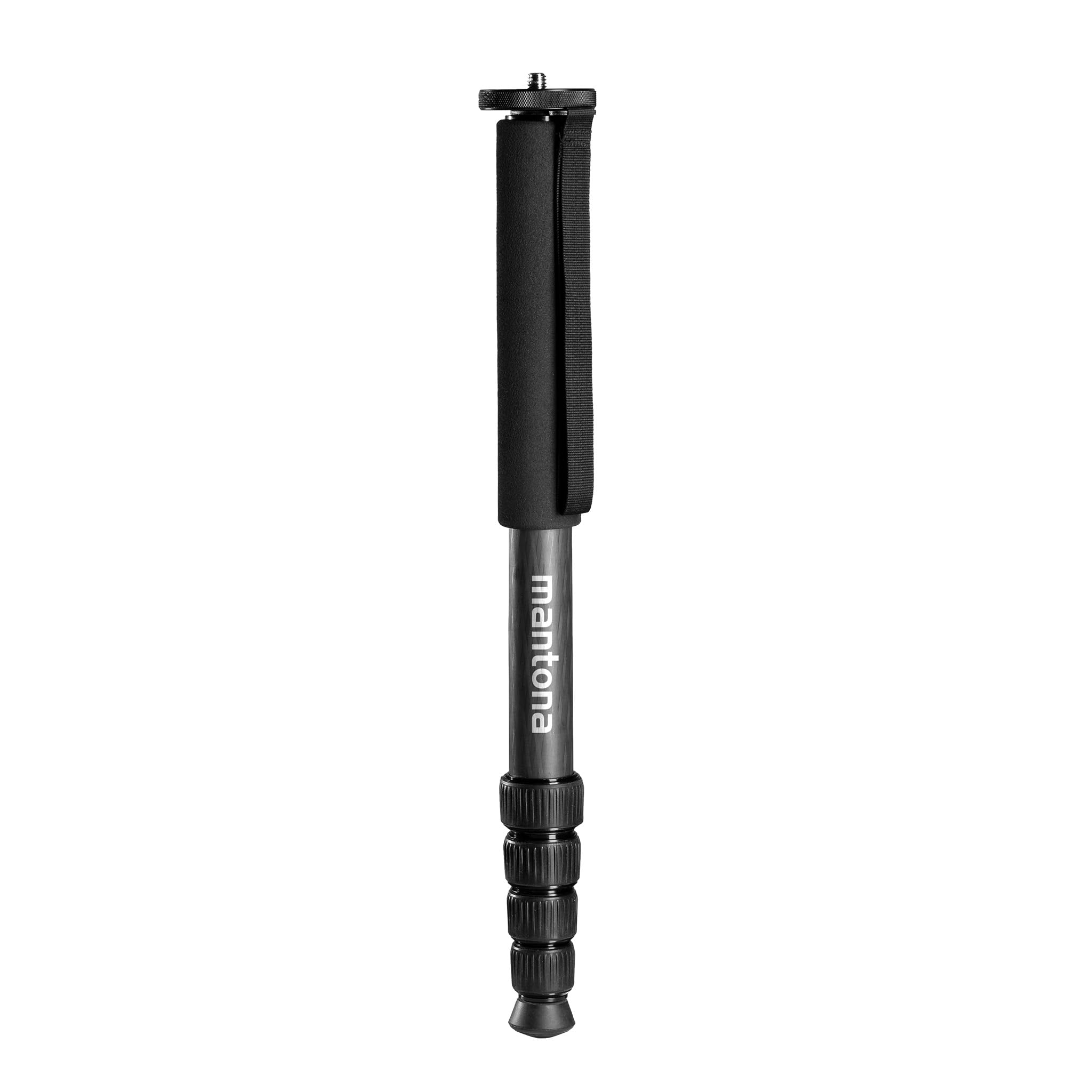 mantona Pro One Einbeinstativ aus ultraleichtem Carbon schwarz, Stativ höhenverstellbar von 44 cm bis 165 cm, praktische Schaumstoffummantelung & Handschlaufe, kompakt & belastbar mit Zubehör