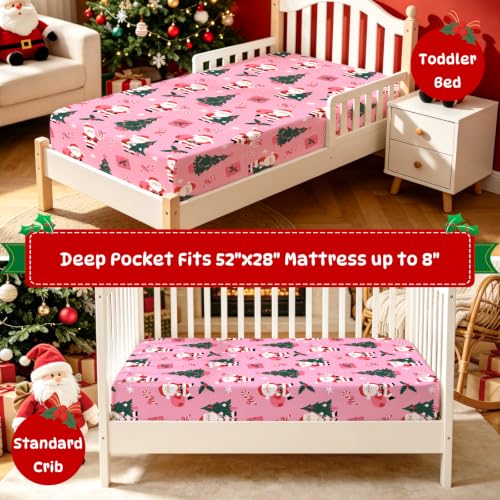 Image of Cloele Pink Christmas Fitted Crib Sheet,Santa Candy,52x28in