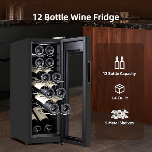 Image of Mini Wine Fridge, 12 Bottle Compressor Wine Cooler Refrigerator, Freestanding Wine Cellar For Red&White Wine, Digital Temperature Control, Removable Shelves, Glass Door