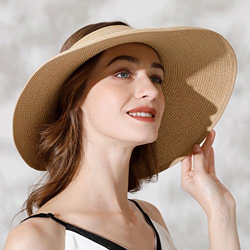 Womens Wide Brim Sun Hat Women Sun Protection Packable Roll Up Straw Sun Visor Hat For Women Summer Sun Hat For Women Foldable Beige/Brown #TOP4