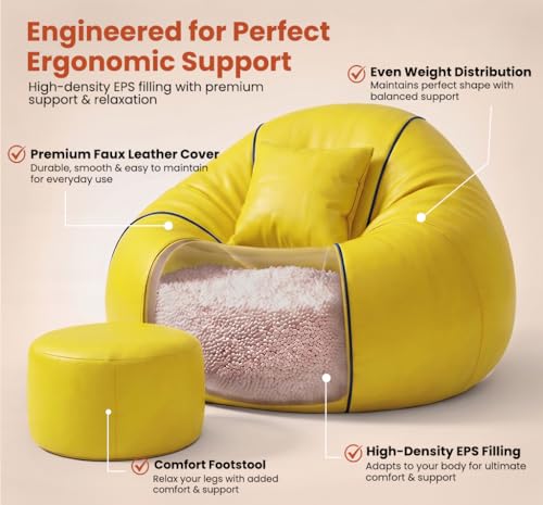 Image of Sattva Piping 4XL Sofa Style Bean Bag Chair with Beans Filled | Faux Leather Bin Bags Sofa Combo with Footstool & Cushion | Large Beanbags for Adults, Teens & Home - Yellow with Navy Blue Piping