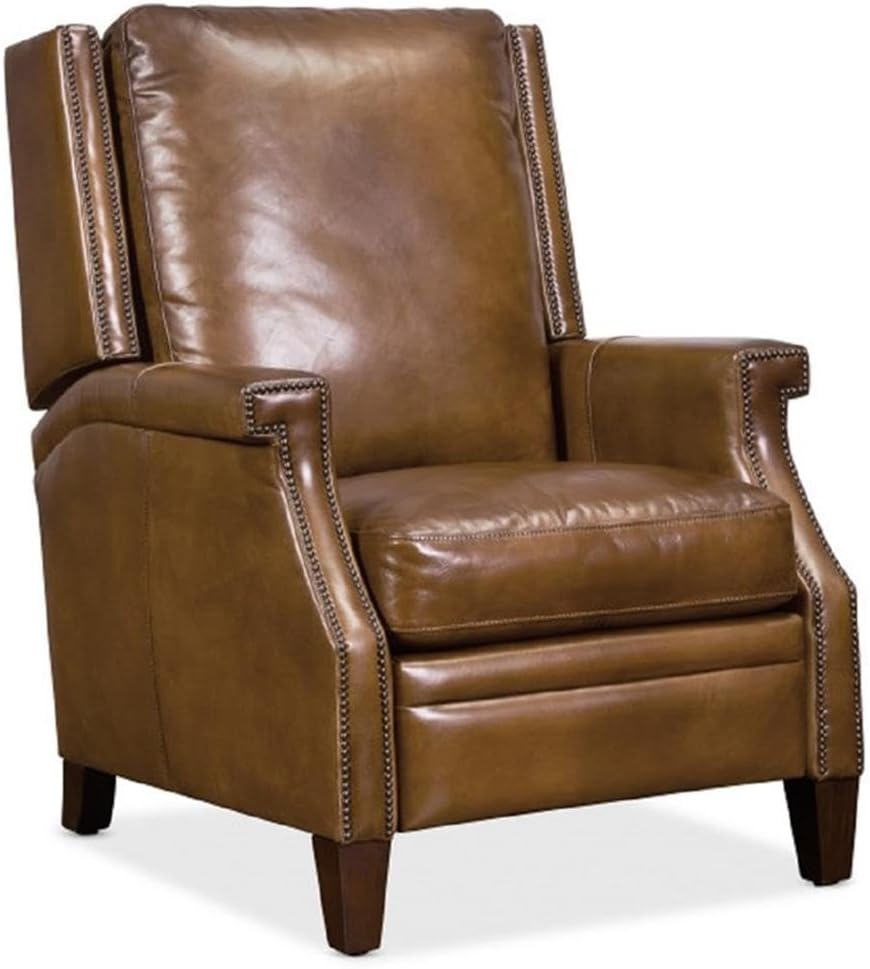 BOWERY HILL Traditional Manual Push Back Leather Recliner, Brown Upholstery, Full Recline Length 68 in, Formal Accent Chair for Living Room or Home Office