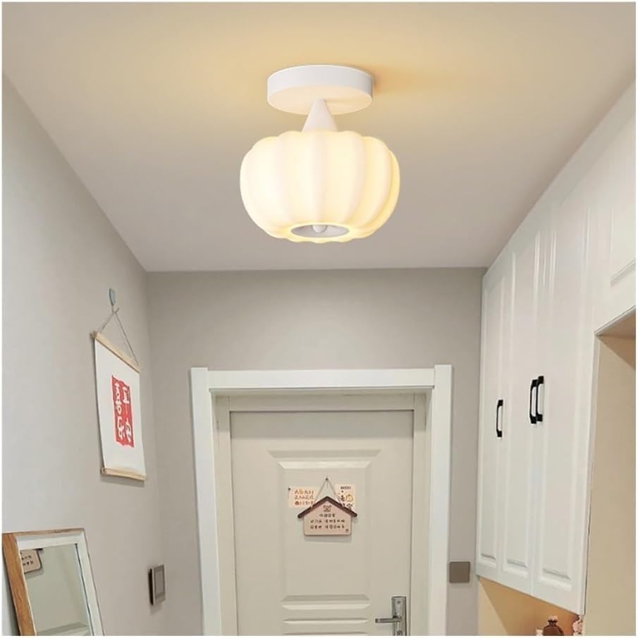 Cream White Ceiling Light, LED 9W 3-Color Dimming Pumpkin Style Flush Mount Ceiling Lamp, with Ribbed Acrylic Shade,Lighting Fixture for Bedroom, Hallway