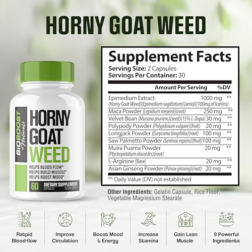 BioBoost | 9 in 1 Horny Goat Weed Pills for Men Fast Acting | Extreme Blood-Flow, Stamina, Performance | 9 Research Backed Ingredients for Men\'s Health - 60 Pills