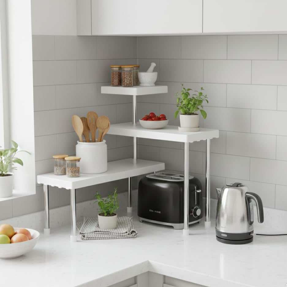 Image of U-Max 3-Tier Multipurpose Corner Kitchen Rack, 3 tier kitchen shelf, Space Saving Countertop Shelf Organizer for Spice Jars, Containers, Cups & Cooking Essentials (White)