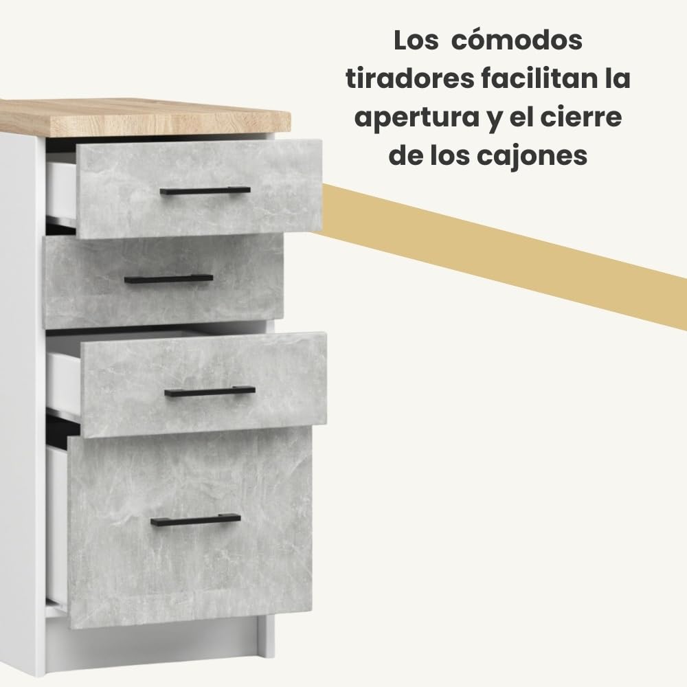 AKORD | Mueble de Cocina con encimera - Oliwia S40 | Mueble Base con 4 cajones | Mueble de Entrada | Aparador | Isla | Armario | 46 x 40 x 85 cm | Blanco | Cemento