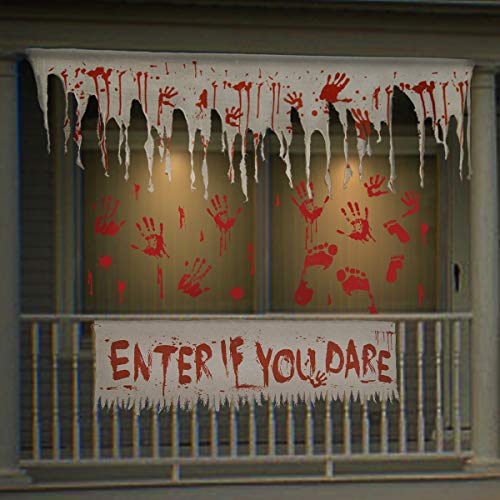 Pawliss Halloween Haunted House Props Decorations, Bloody Gauze Banner Wall Stickers Window Decals, Creepy Carnival Zombie Party Supplies, Scary Halloween Decor